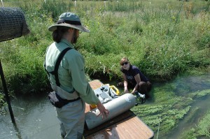 Students measure the critical shear stress of sediment entrainment under a submersed vegetation patch, Big Spring Run, PA.